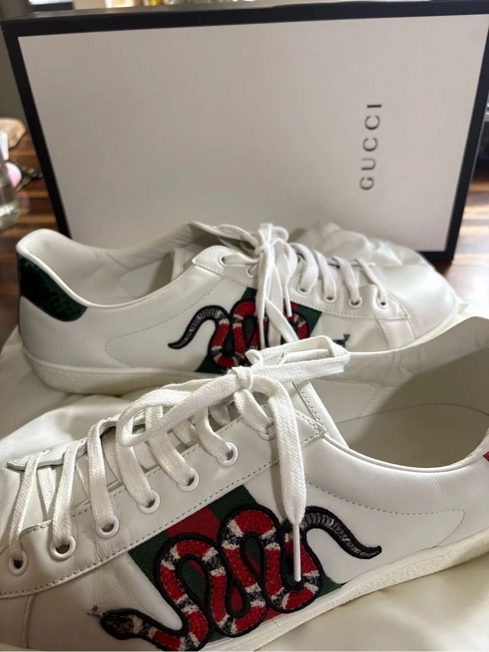 Gucci White Leather Sneakers with Red Snake Embroidery